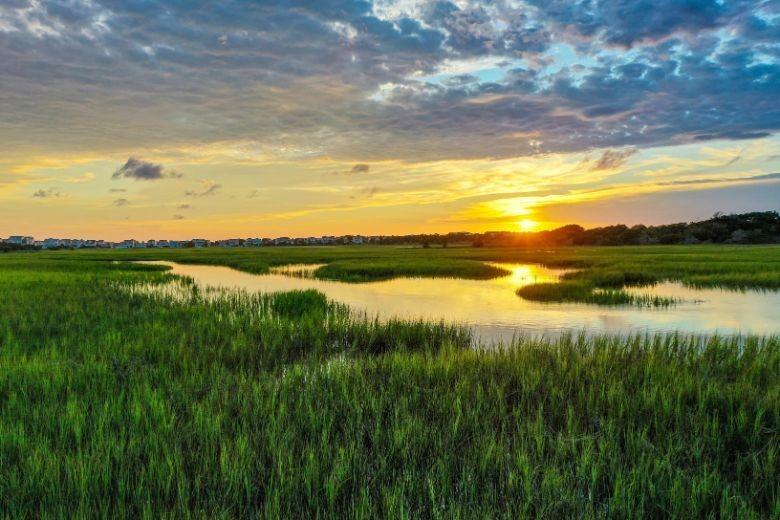 marshlands with beach homes in the background and a beautiful sunset in the distance
