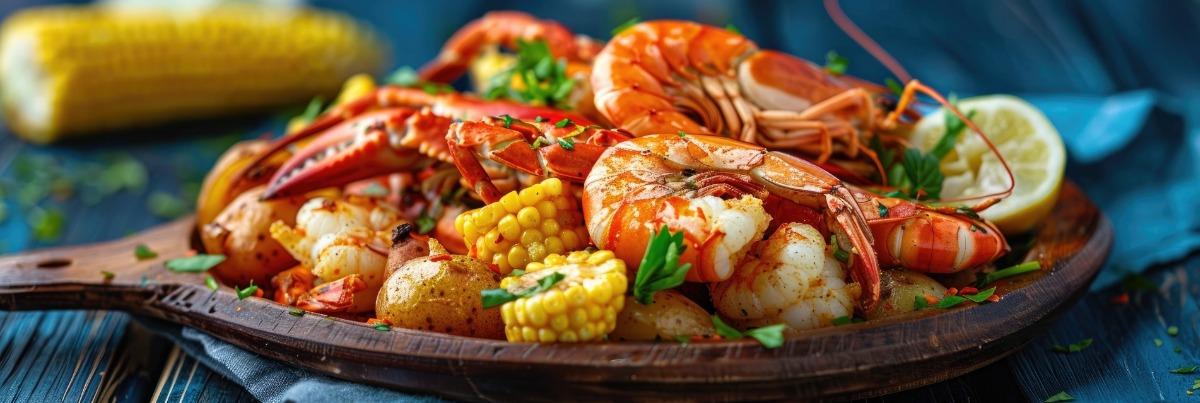 plate of shrimp, crab, corn, and potatoes