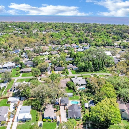 Aerial view of the Village Area on St. Simons Island near East Beach and the Atlantic Ocean